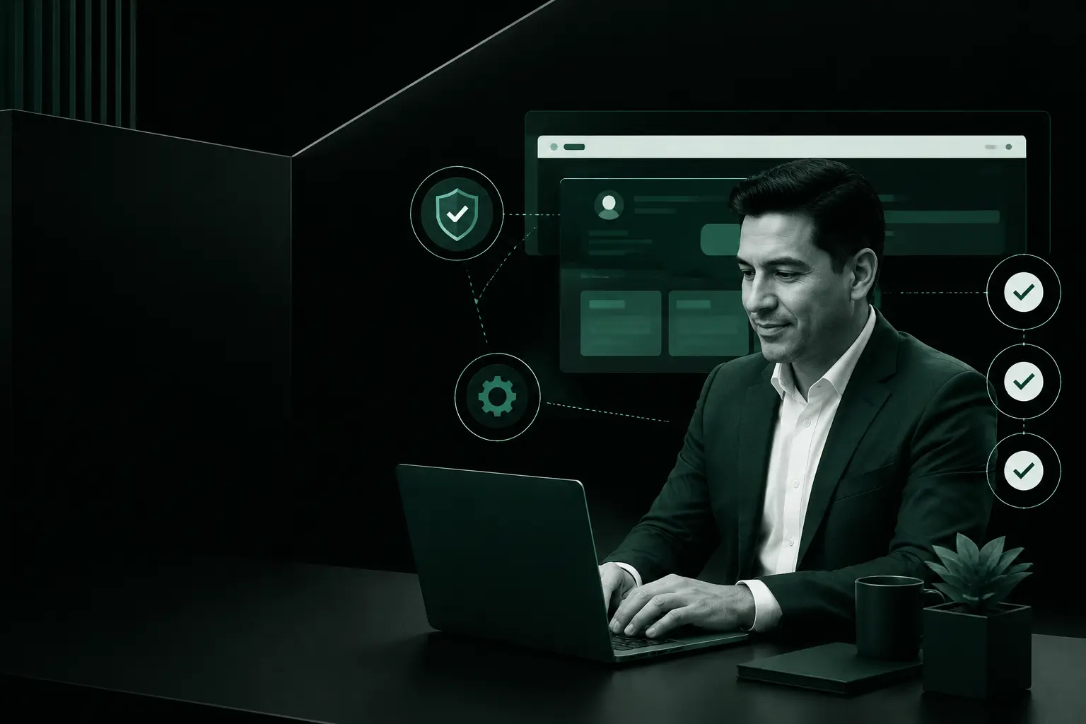 Agente profesional utilizando una página web, un dashboard y herramientas digitales organizadas